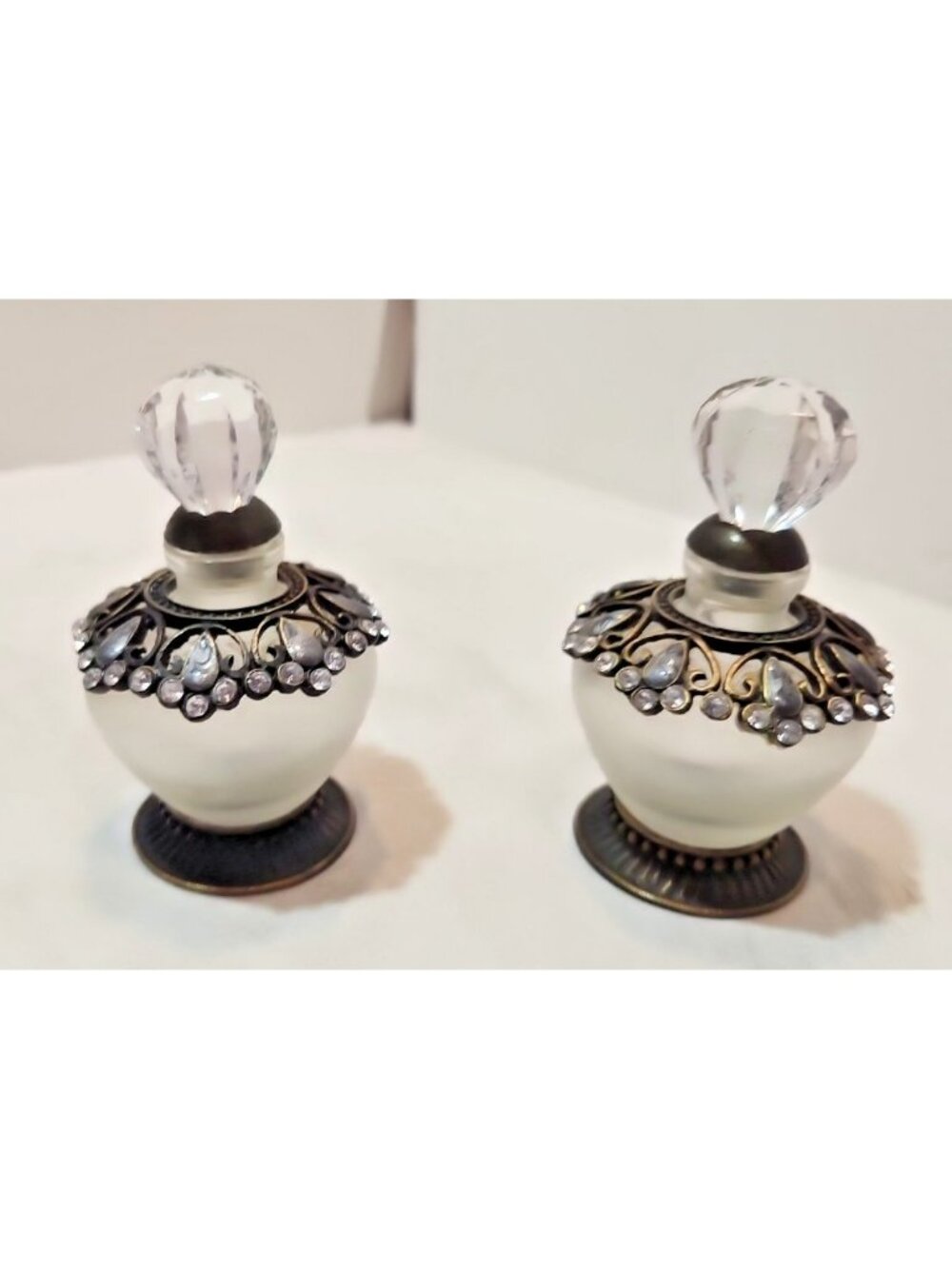 Pair of  Studio Silversmiths Crystal  Frosted Glass Rhinestones Perfume Bottles